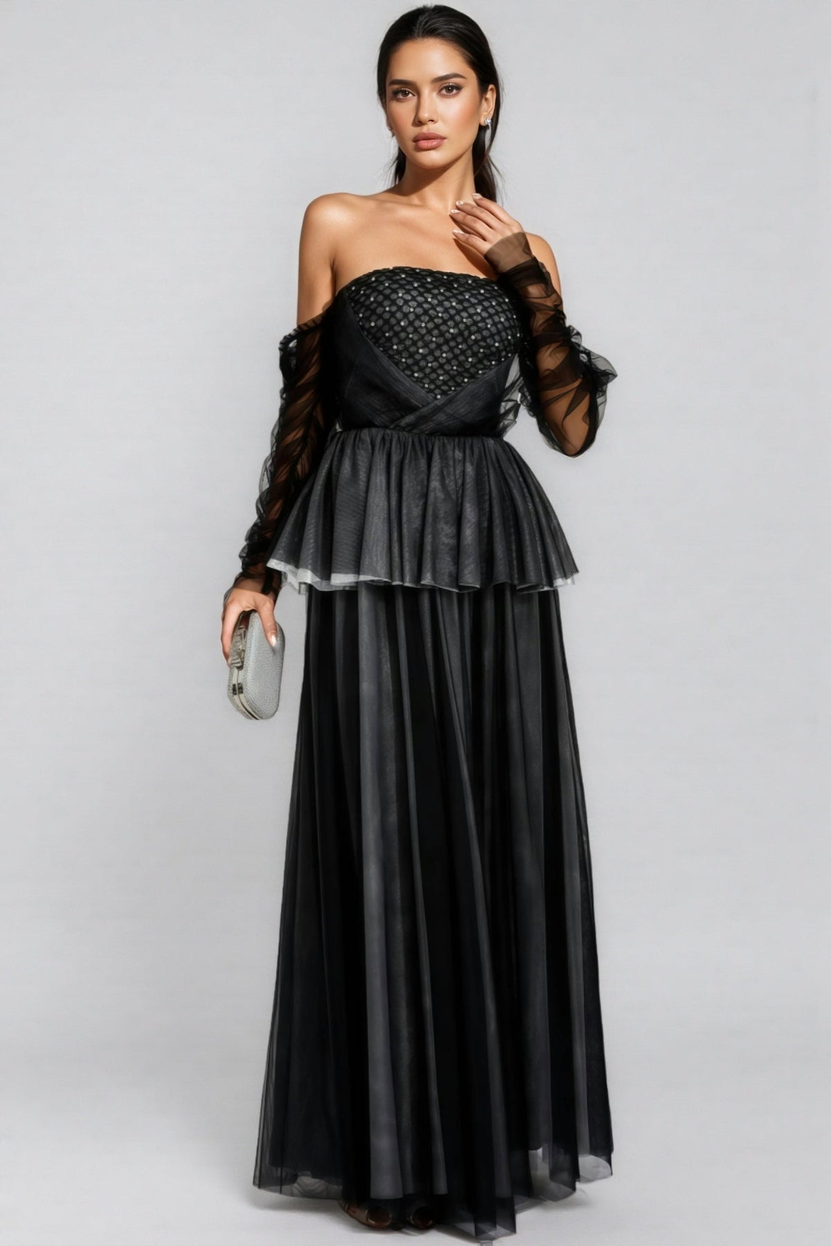 Uxley Black Mesh Off Shoulder Maxi Dress - View 5