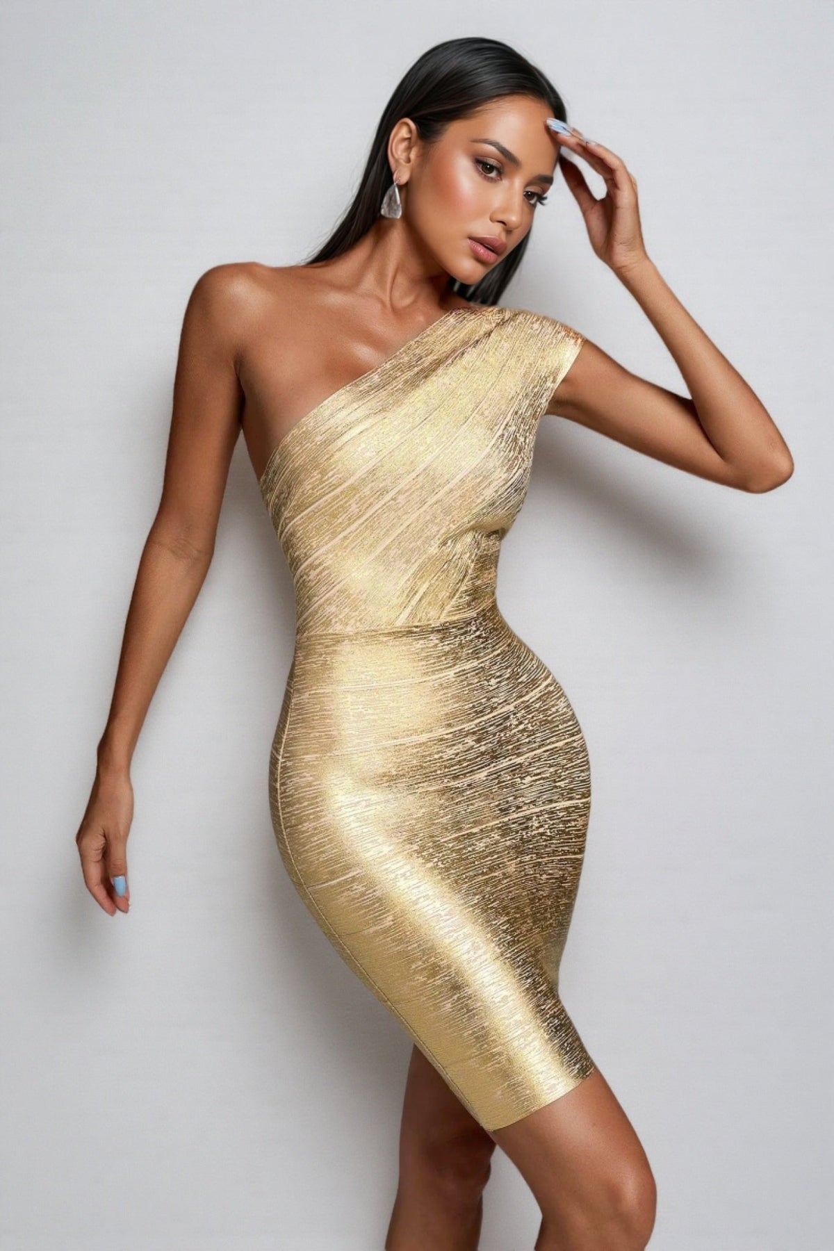 Metallic One Shoulder Ribbed Bandage Bodycon Cocktail Mini Dress - View 3
