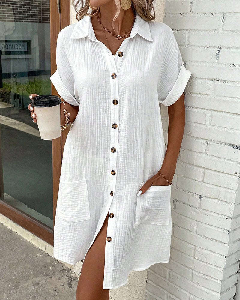 Textured Gauze Button Front Short Sleeve Shirt Dress 4