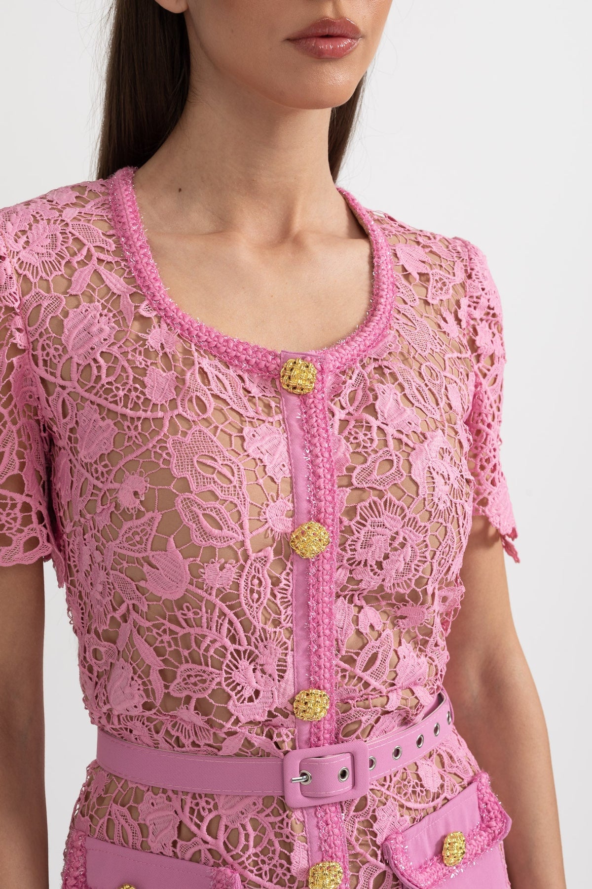 Exquisite Short Sleeve Lace Midi Dress - Rose - View 6