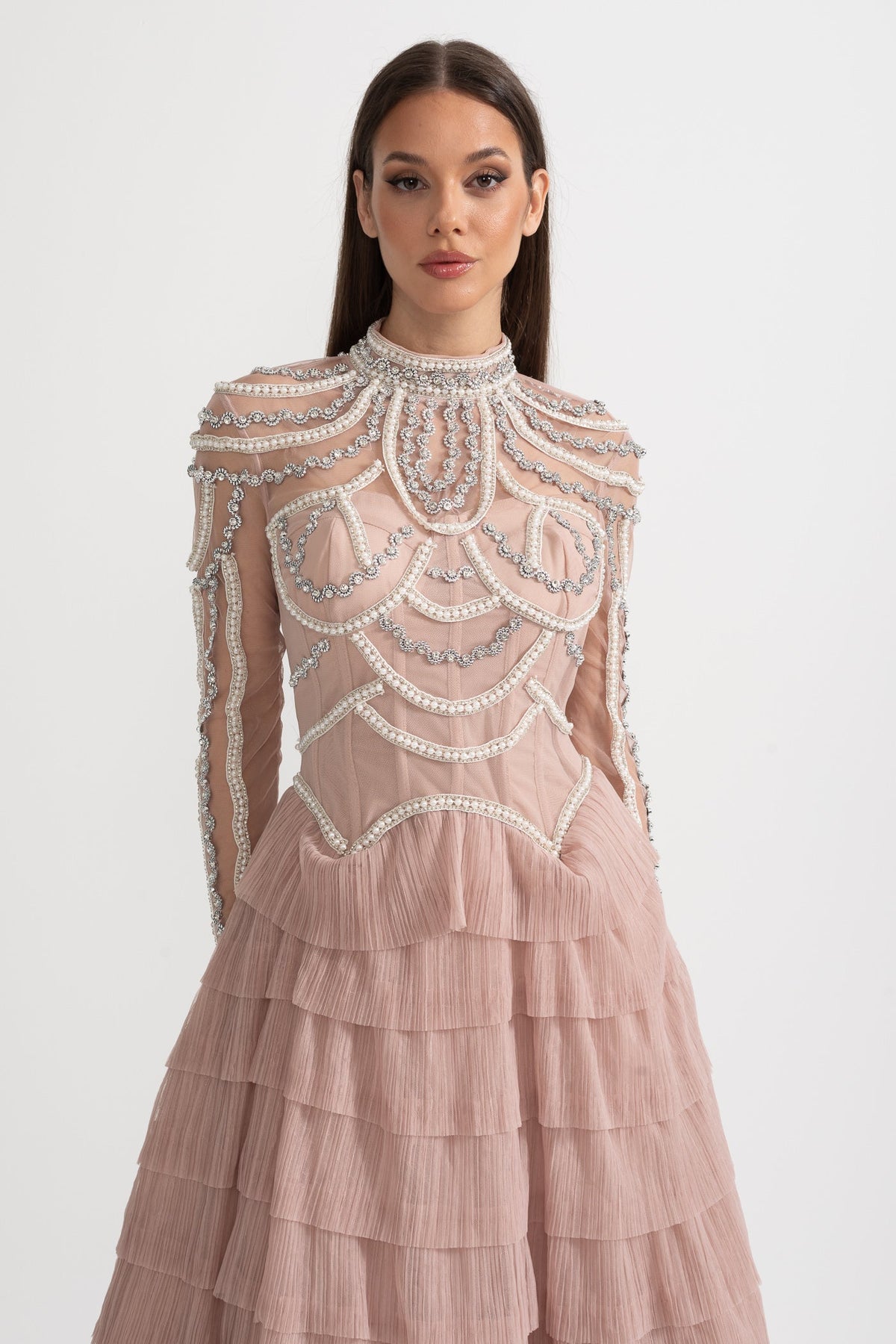 Pearl Crystal Long Sleeve Mesh Tiered Ruffle Tea Length Midi Dress - View 9