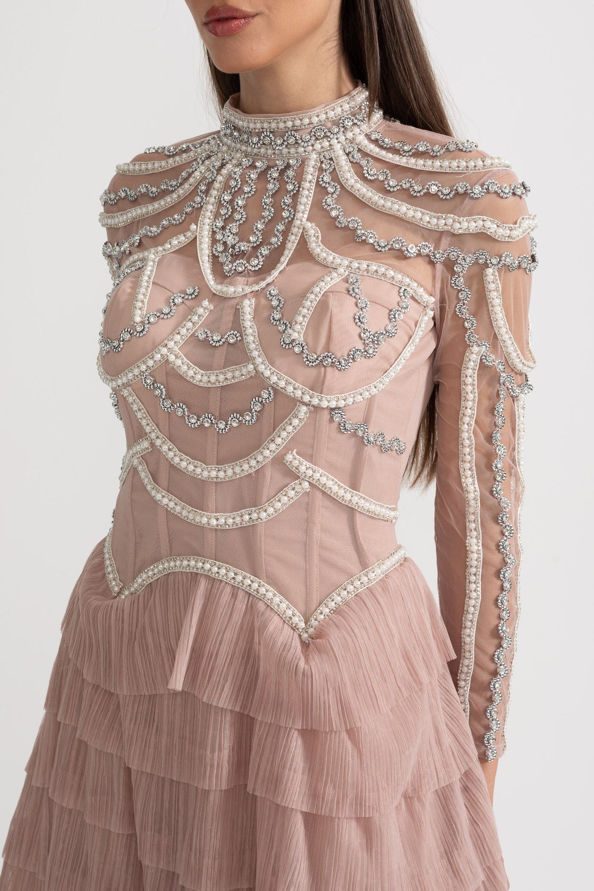 Pearl Crystal Long Sleeve Mesh Tiered Ruffle Tea Length Midi Dress - View 8