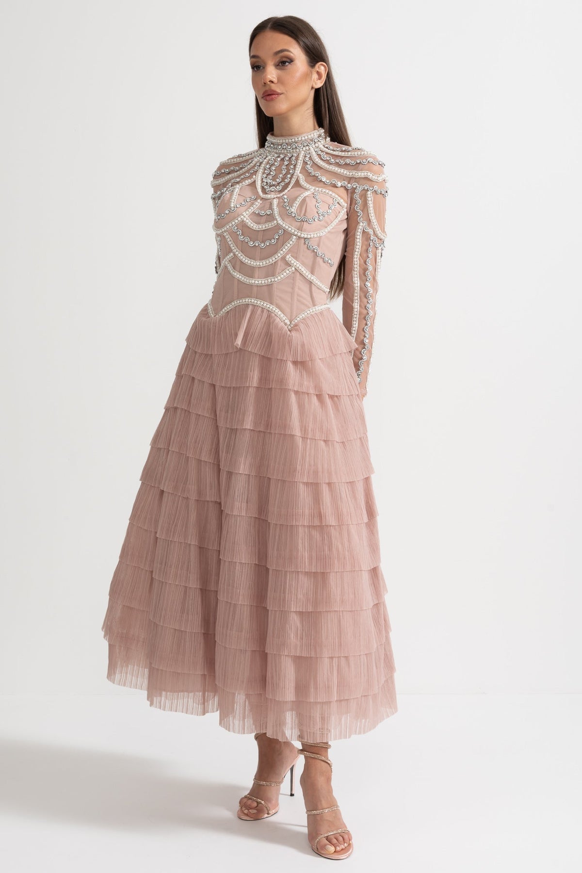 Pearl Crystal Long Sleeve Mesh Tiered Ruffle Tea Length Midi Dress - View 4