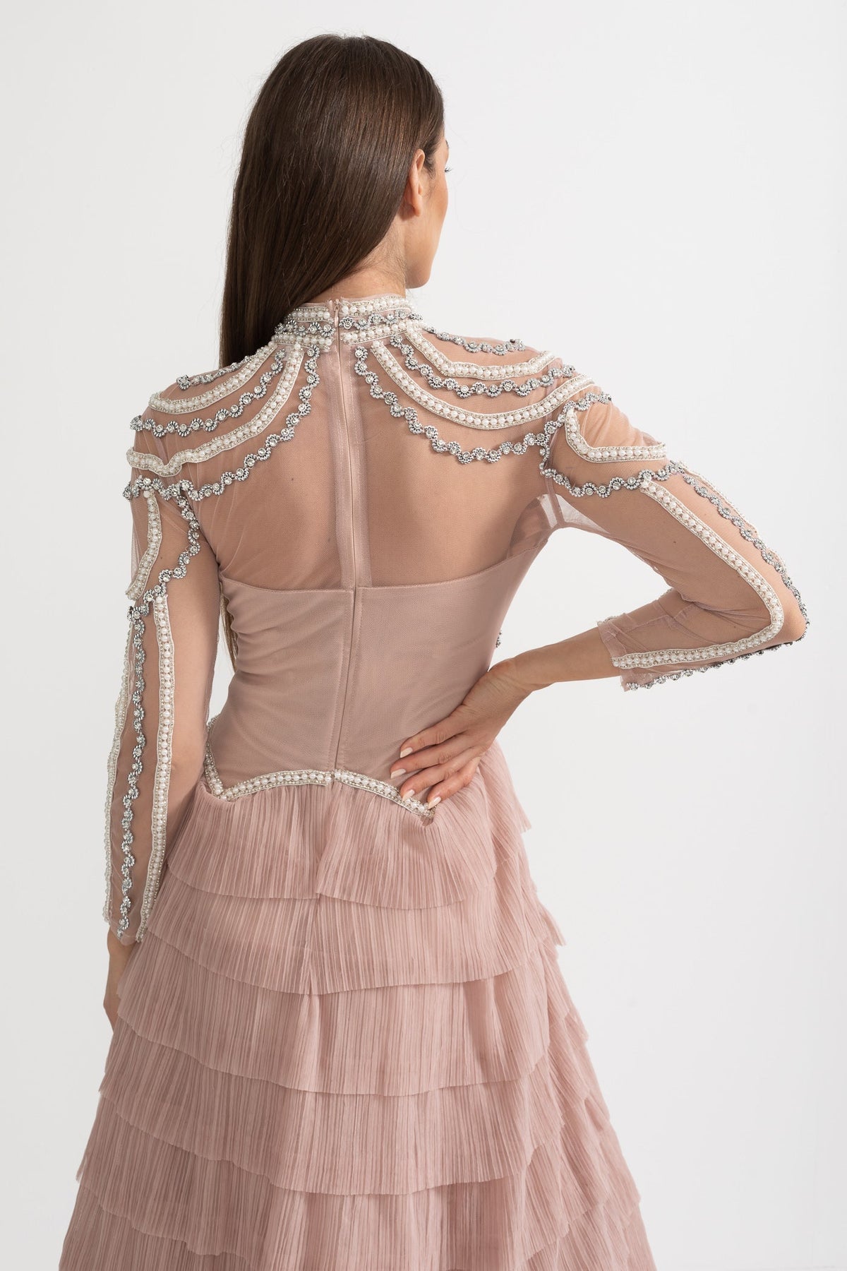Pearl Crystal Long Sleeve Mesh Tiered Ruffle Tea Length Midi Dress - View 12