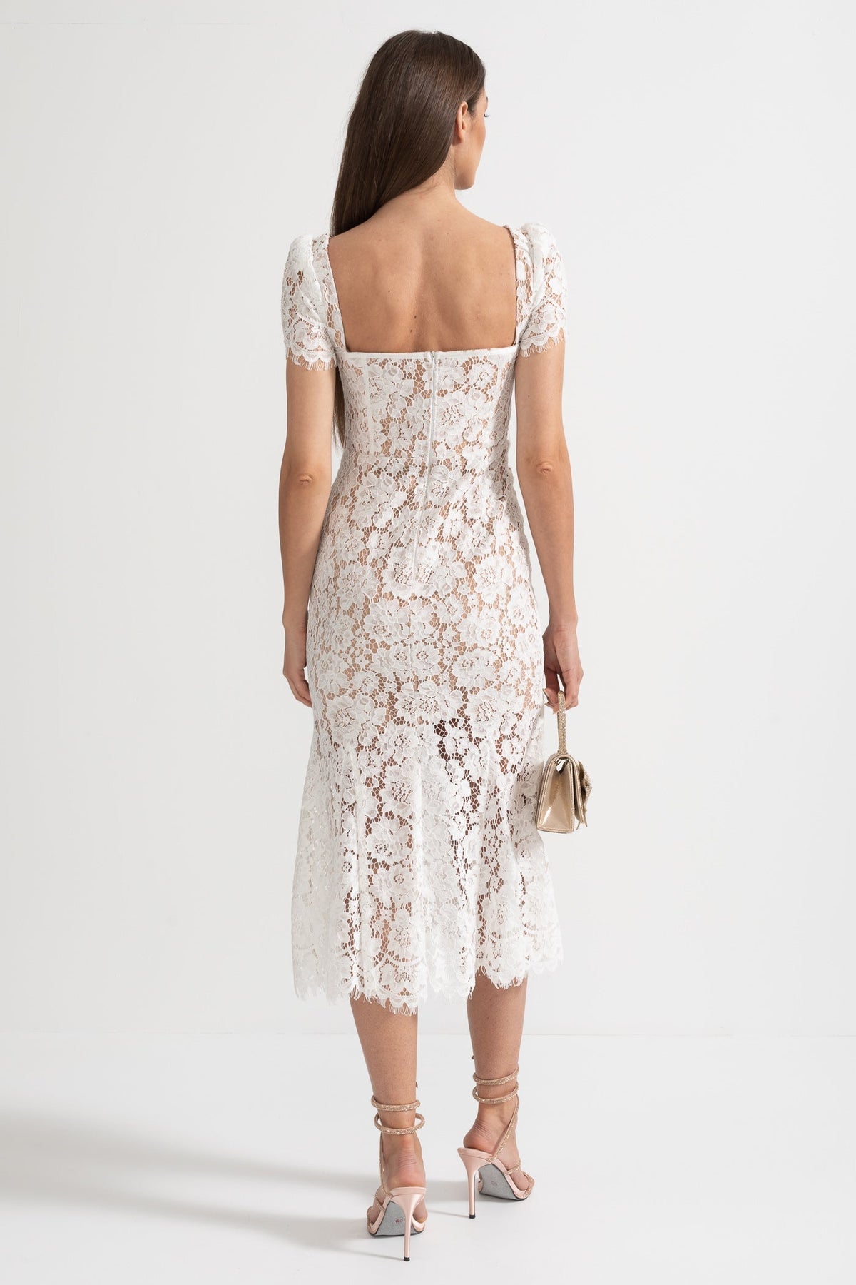 Lace Bustier Sweetheart Neck Puff Sleeve Belted Bow Midi Dress - View 12