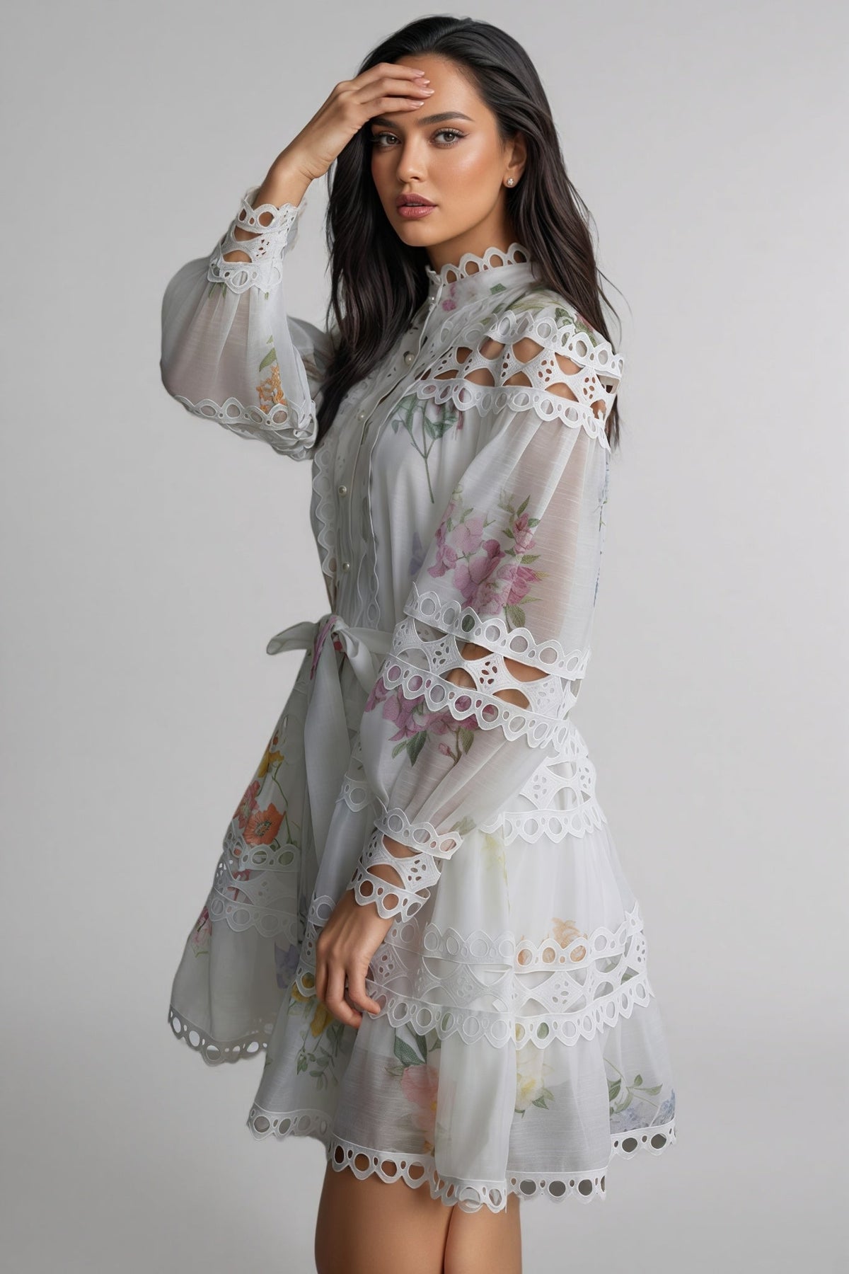 Floral Print Lace High Neck Bishop Sleeve A-Line Mini Dress - View 3