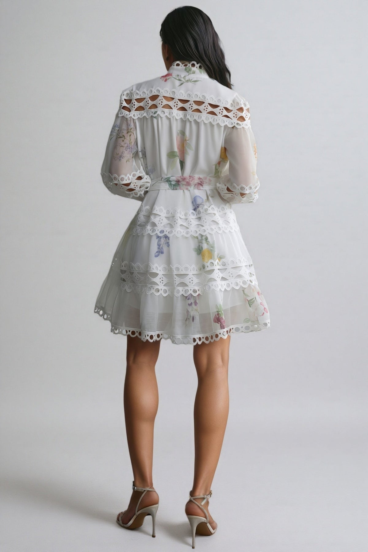 Floral Print Lace High Neck Bishop Sleeve A-Line Mini Dress - View 7