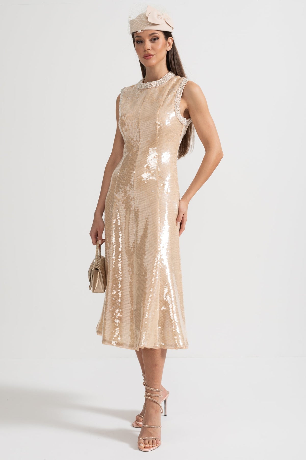 Sequin Sleeveless High Neck Pearl Trim Tea Length Midi Dress - View 5