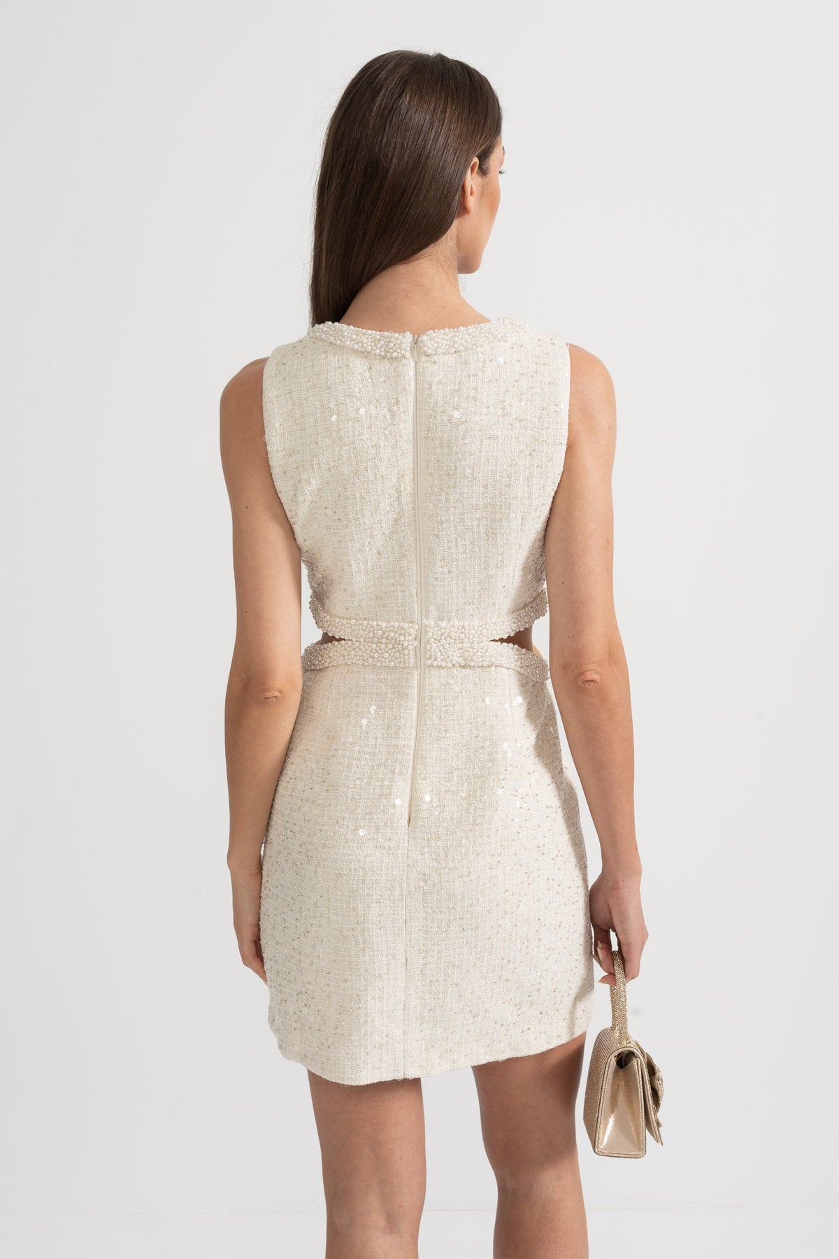 Sequin Sleeveless Mini Dress With Waist Cutouts And Bow - Ivoire - View 13