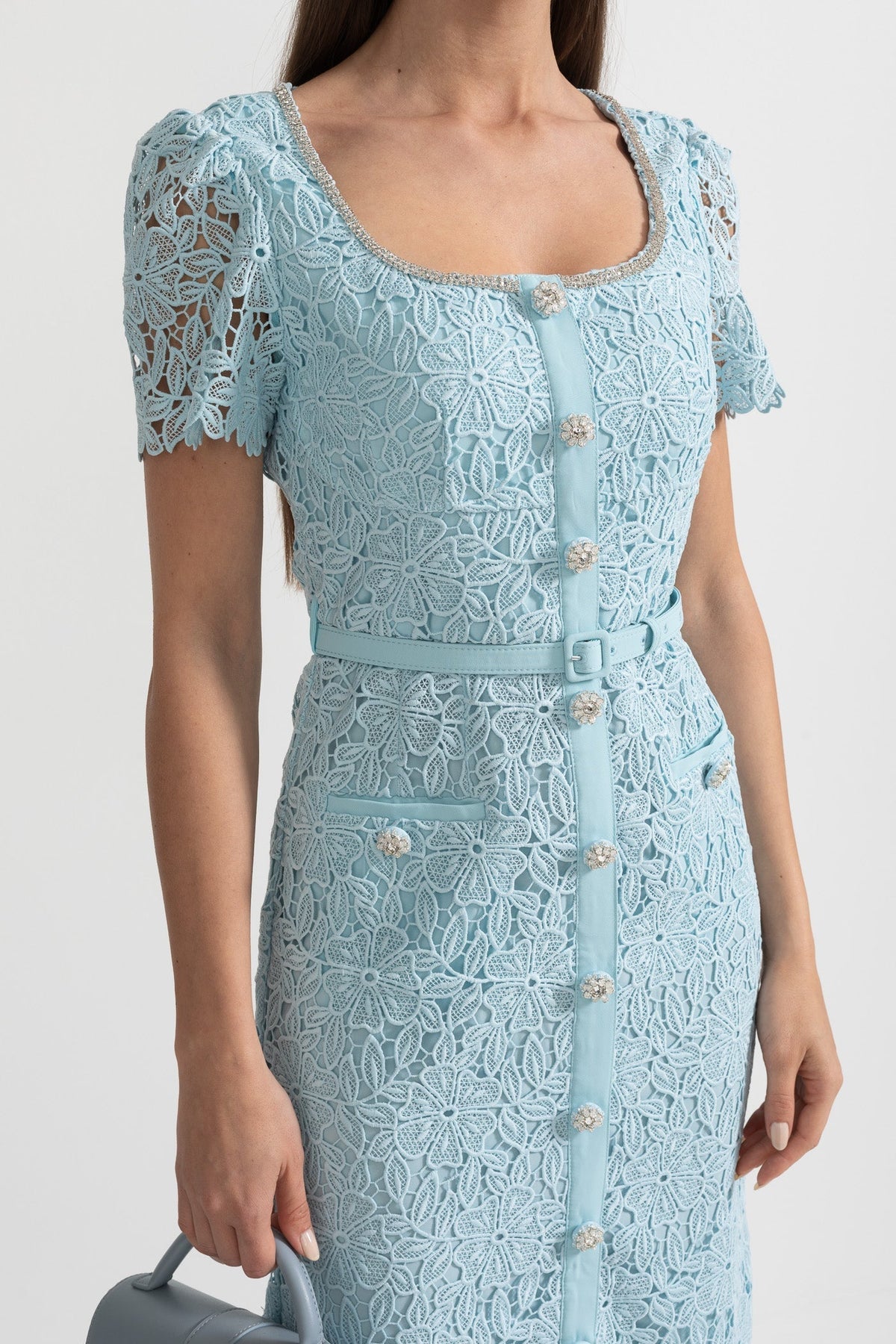 Delicate Azure Lace Midi Dress - Baby Blue - View 7