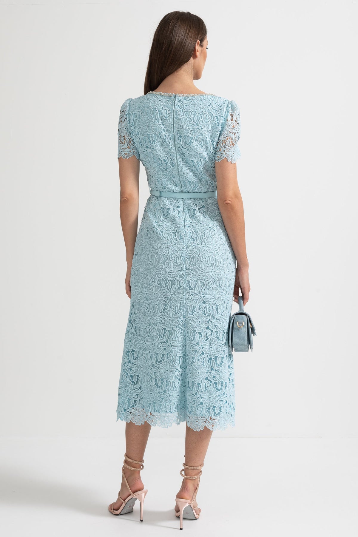 Delicate Azure Lace Midi Dress - Baby Blue - View 8