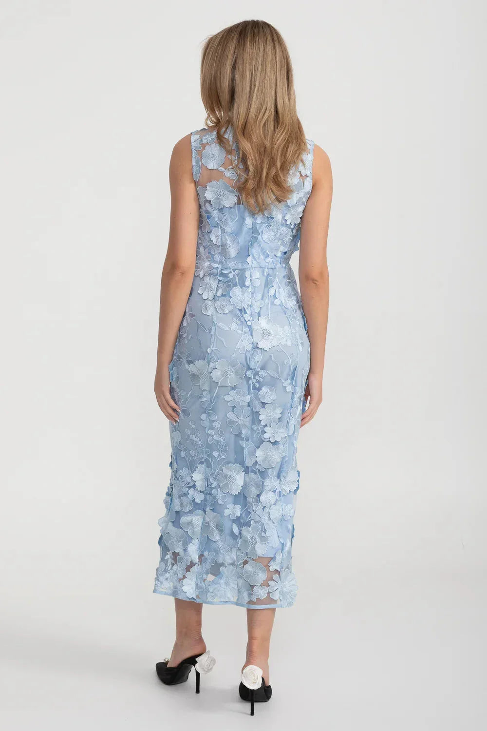 3D Floral Applique Sleeveless High Neck Mesh Sheath Midi Dress - View 6