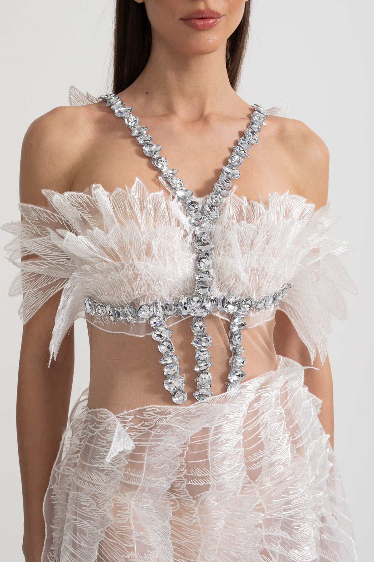 Crystal Wing Applique Mesh Sheer Waist Strapless Mini Dress - View 7