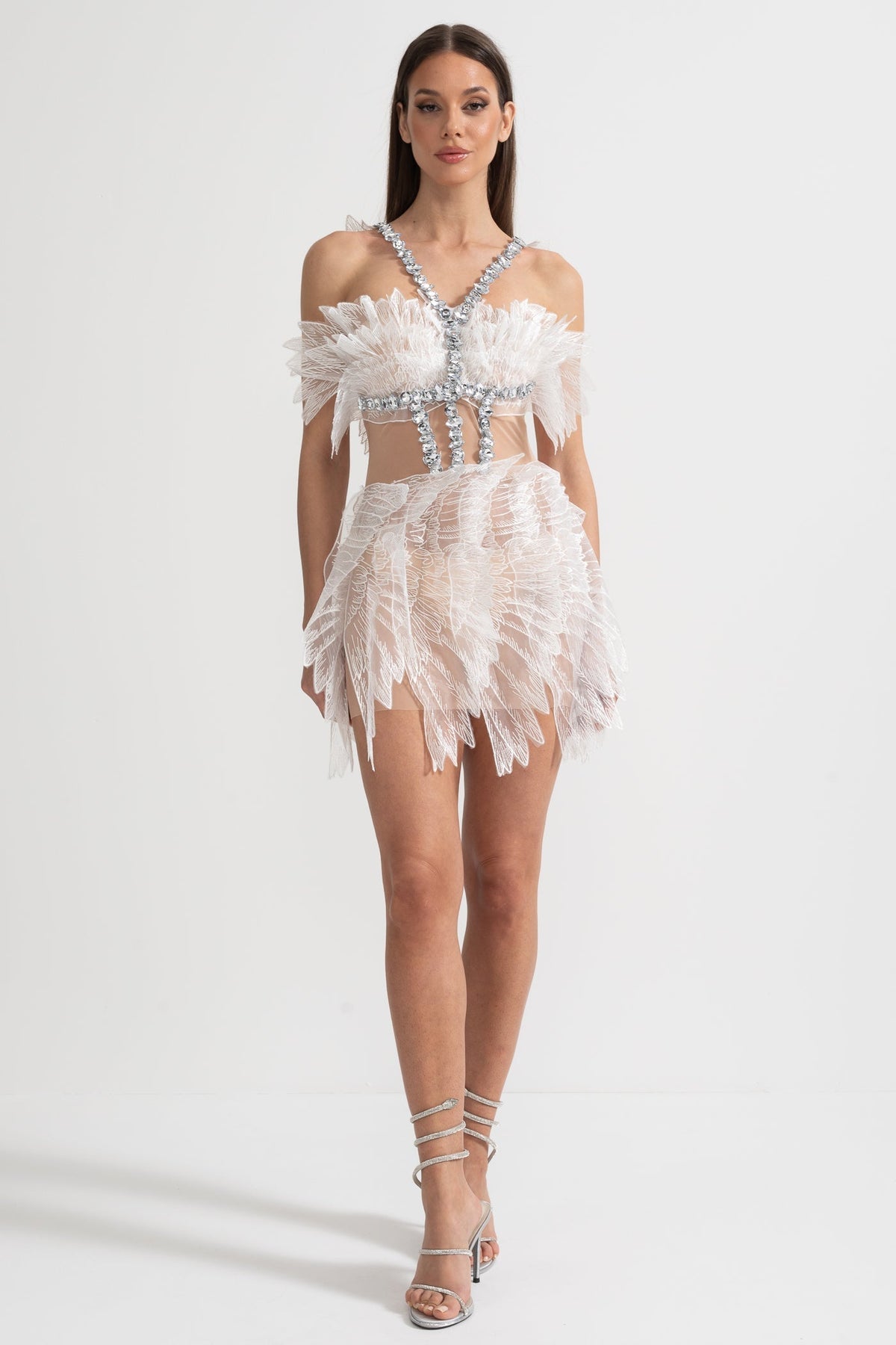 Crystal Wing Applique Mesh Sheer Waist Strapless Mini Dress - View 4