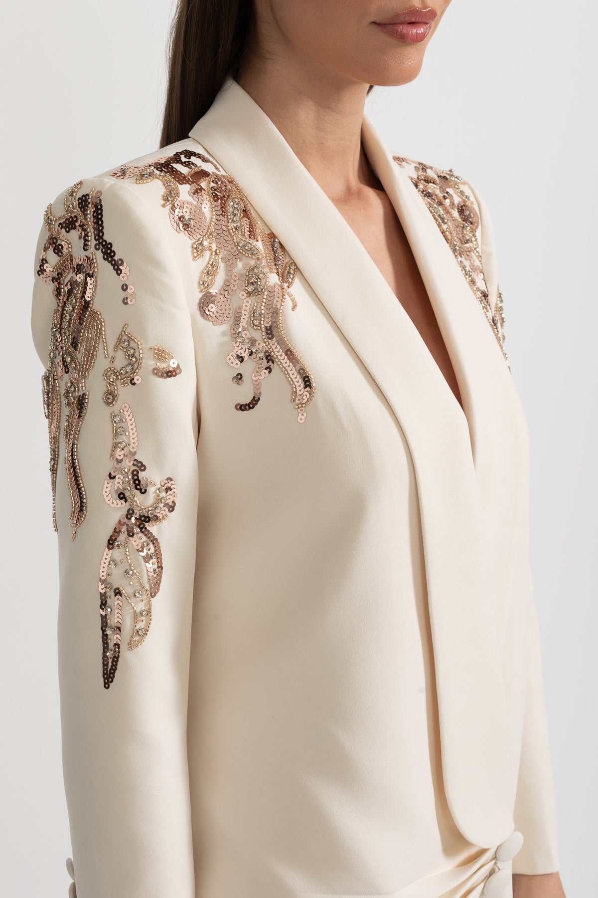 Sequin Shoulder Embroidery Deep V-Neck Wrap Ruched Mini Blazer Dress - View 7