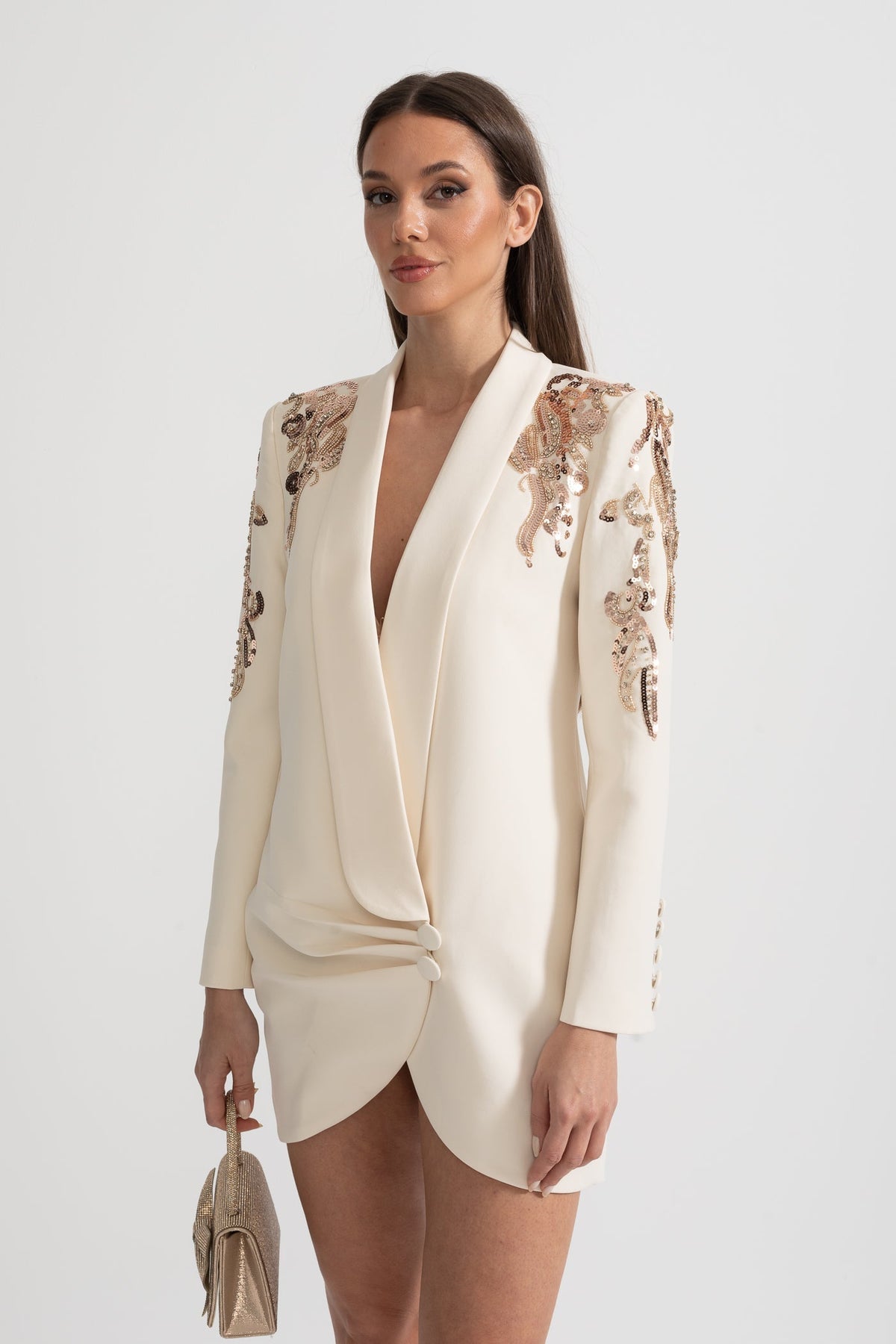Sequin Shoulder Embroidery Deep V-Neck Wrap Ruched Mini Blazer Dress - View 11