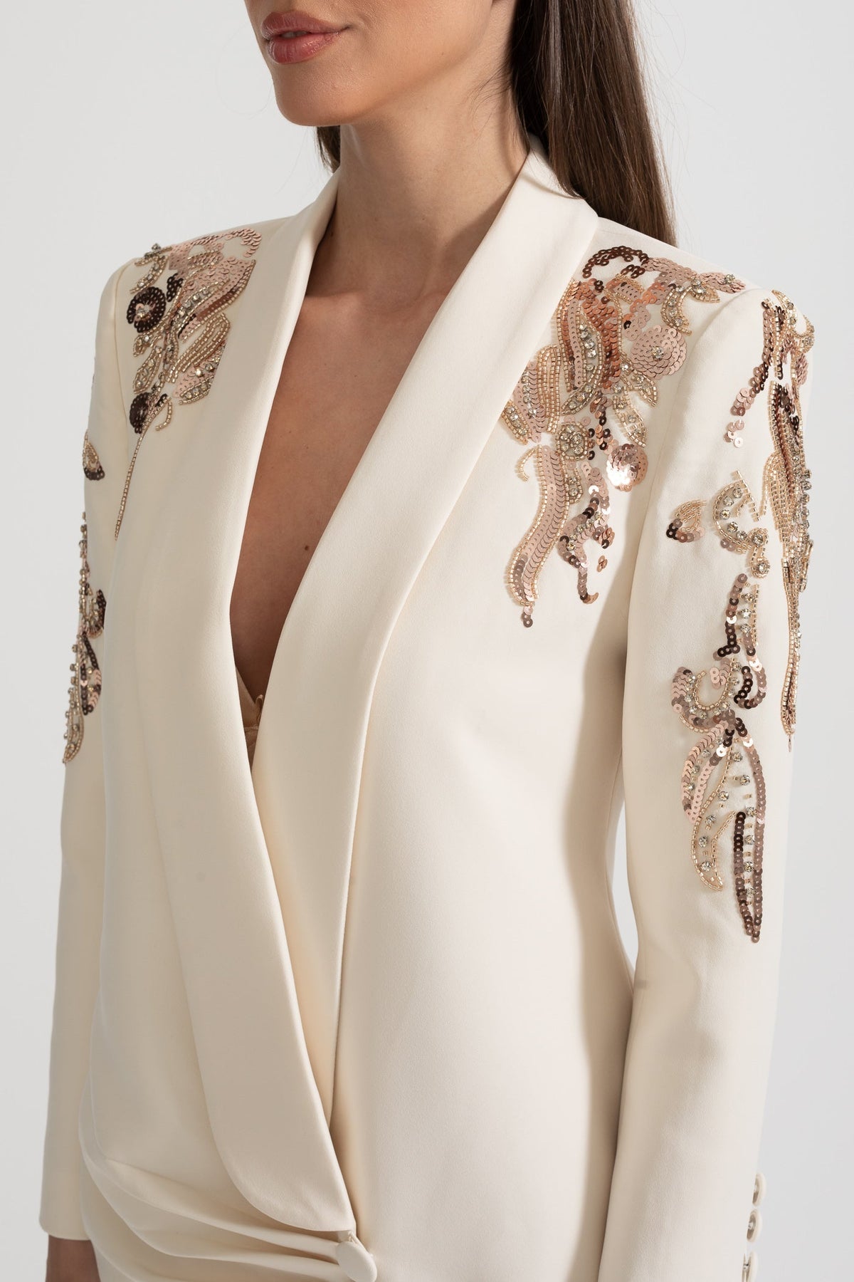 Sequin Shoulder Embroidery Deep V-Neck Wrap Ruched Mini Blazer Dress - View 12