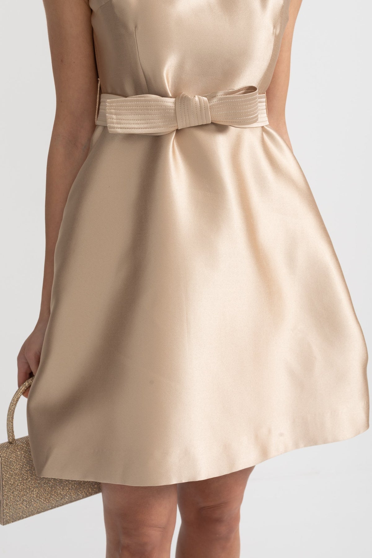 Satin Contrast Collar Sleeveless Bow Belt Pocket A-Line Mini Dress - View 6