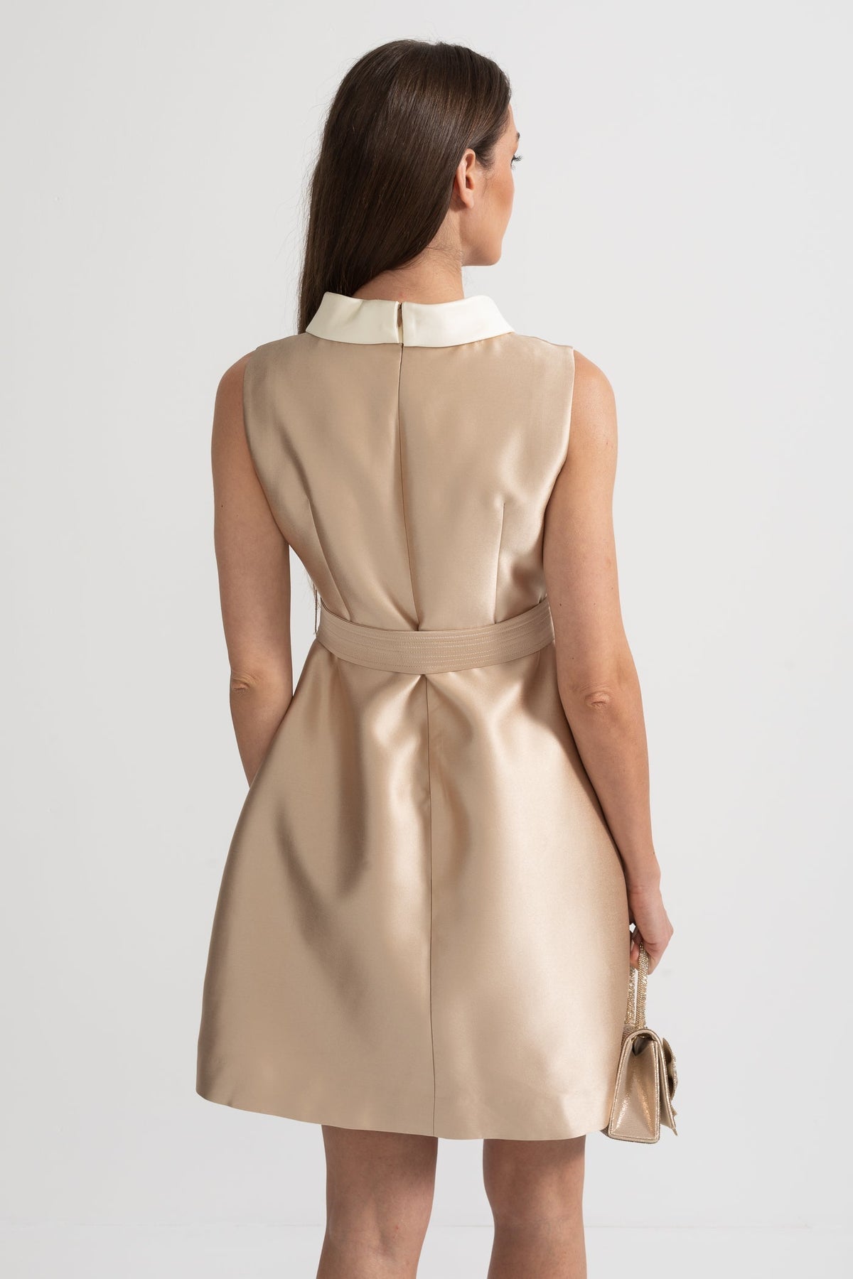 Satin Contrast Collar Sleeveless Bow Belt Pocket A-Line Mini Dress - View 7