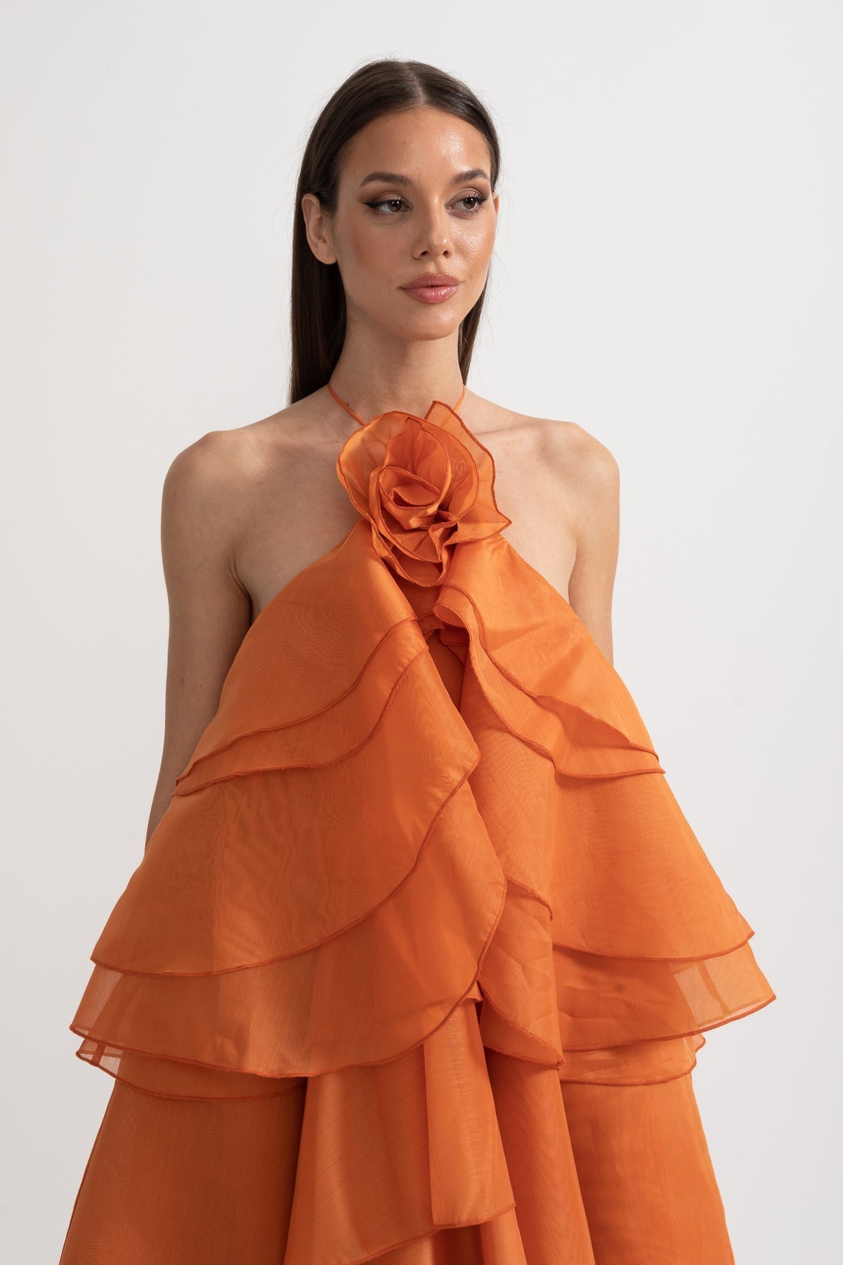 Layered Ruffle Halter Dress With Decorative Neckline Flower - Orange - View 2