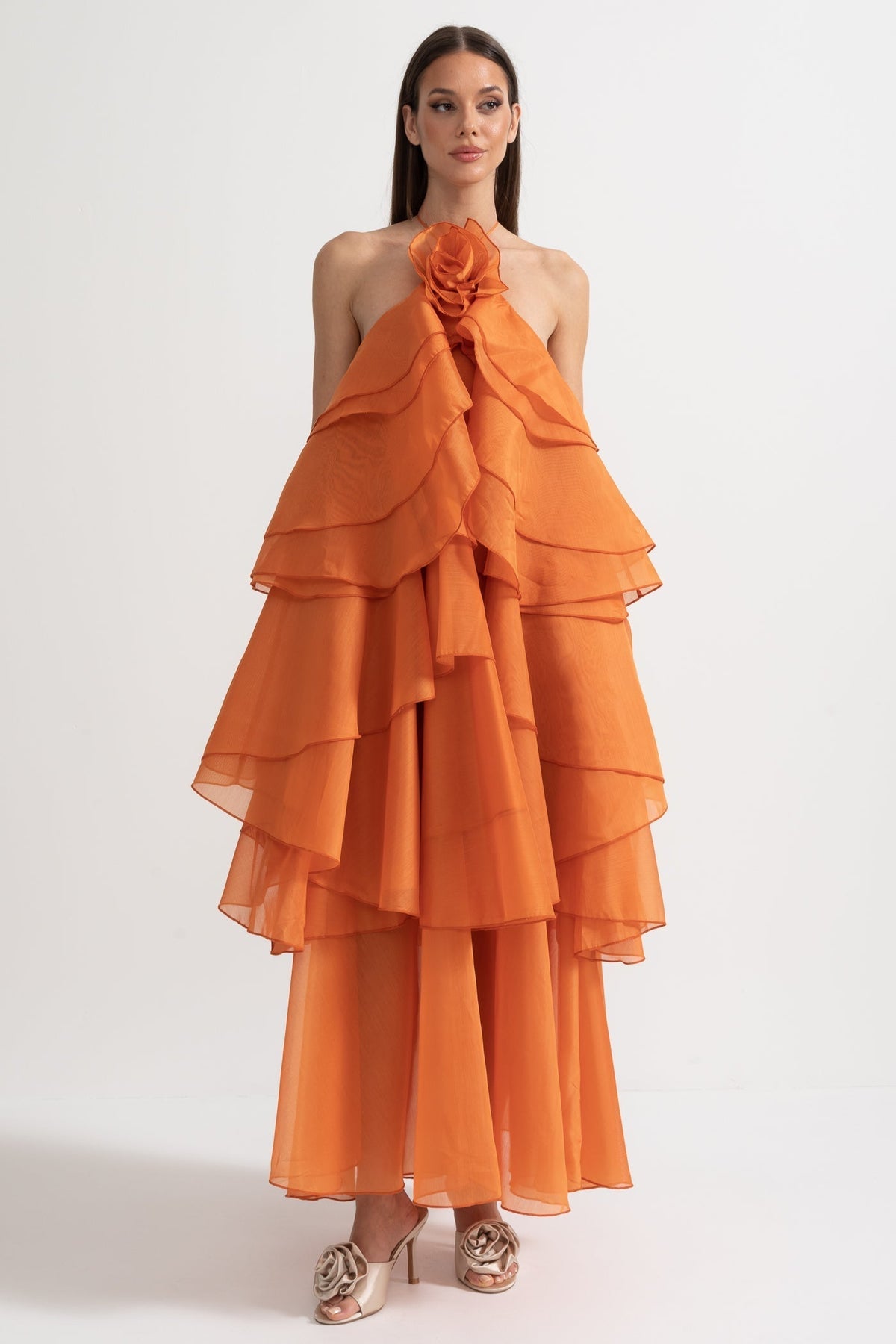 Layered Ruffle Halter Dress With Decorative Neckline Flower - Orange - View 6