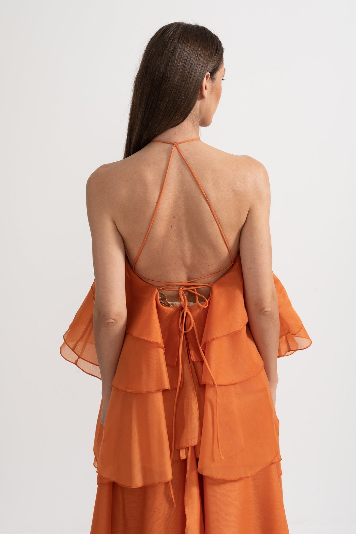 Layered Ruffle Halter Dress With Decorative Neckline Flower - Orange - View 11