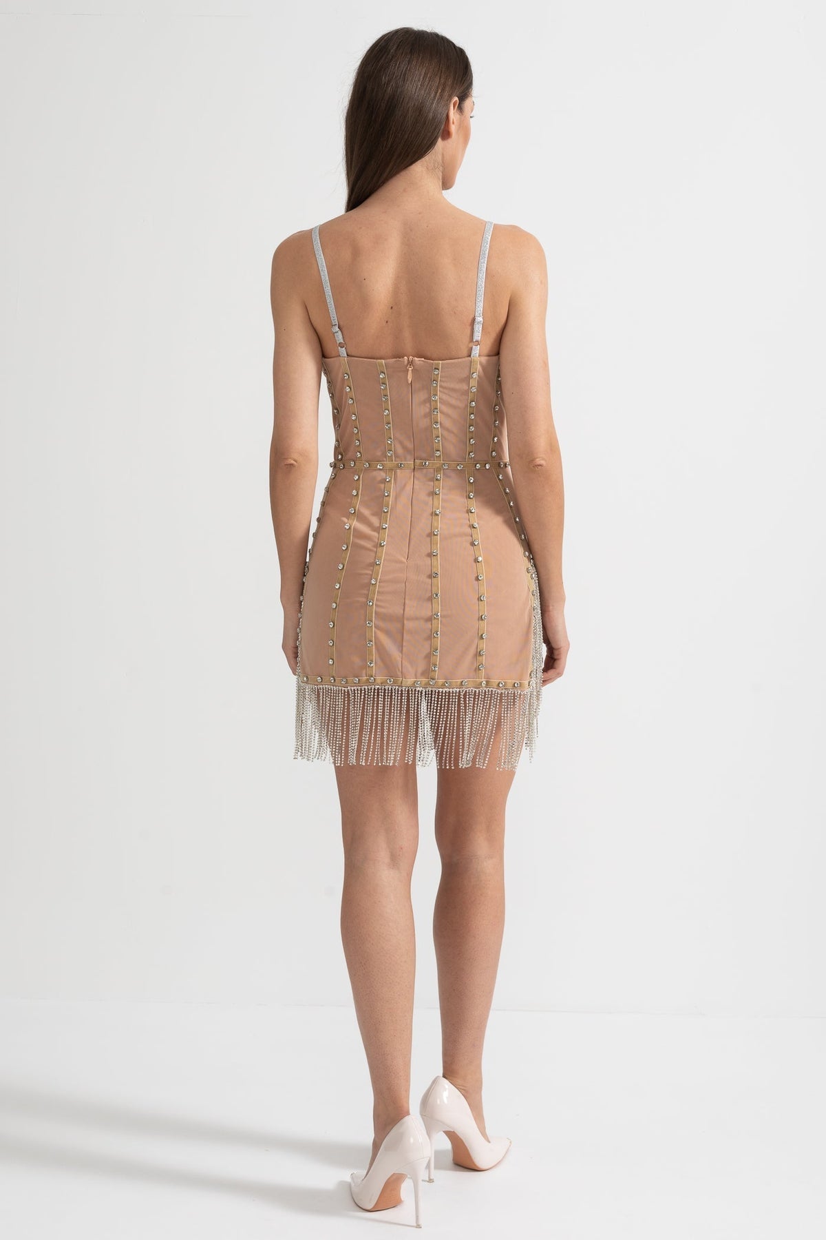 Mesh Corset Crystal Floral Beaded Fringe Strapless Mini Dress - View 4