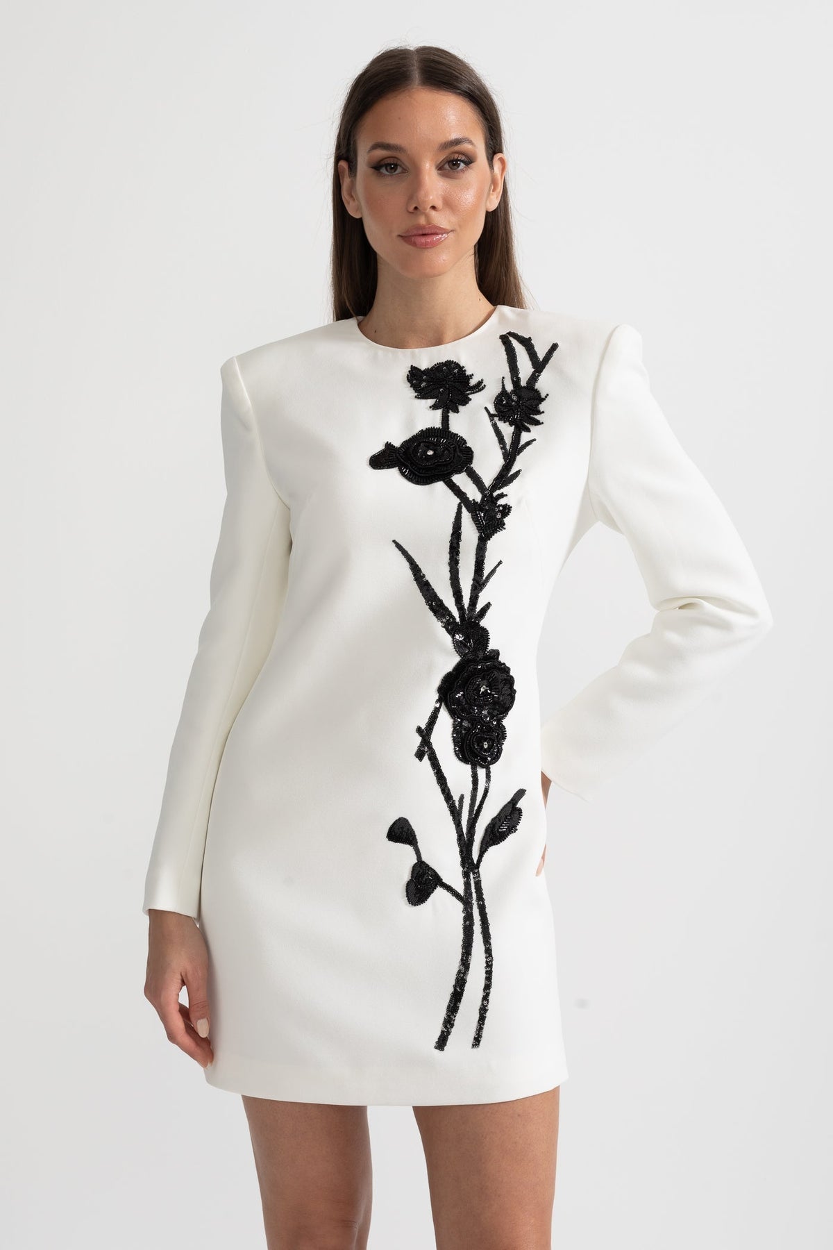 Long Sleeved Mini Dress With Contrasting Floral Embroidery - White