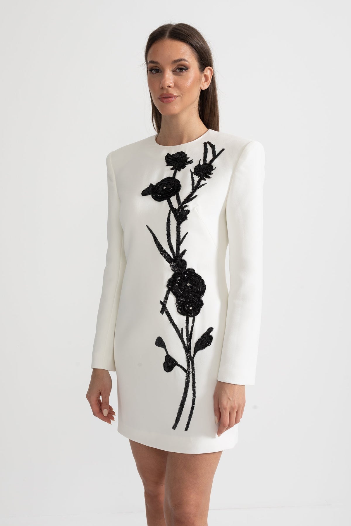 Long Sleeved Mini Dress With Contrasting Floral Embroidery - White - View 10