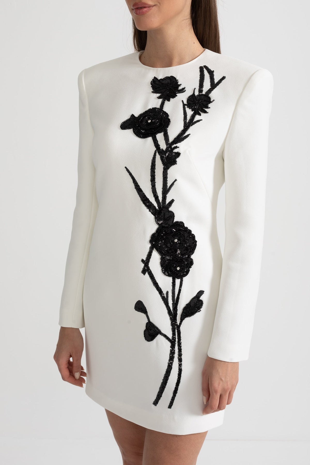 Long Sleeved Mini Dress With Contrasting Floral Embroidery - White - View 11
