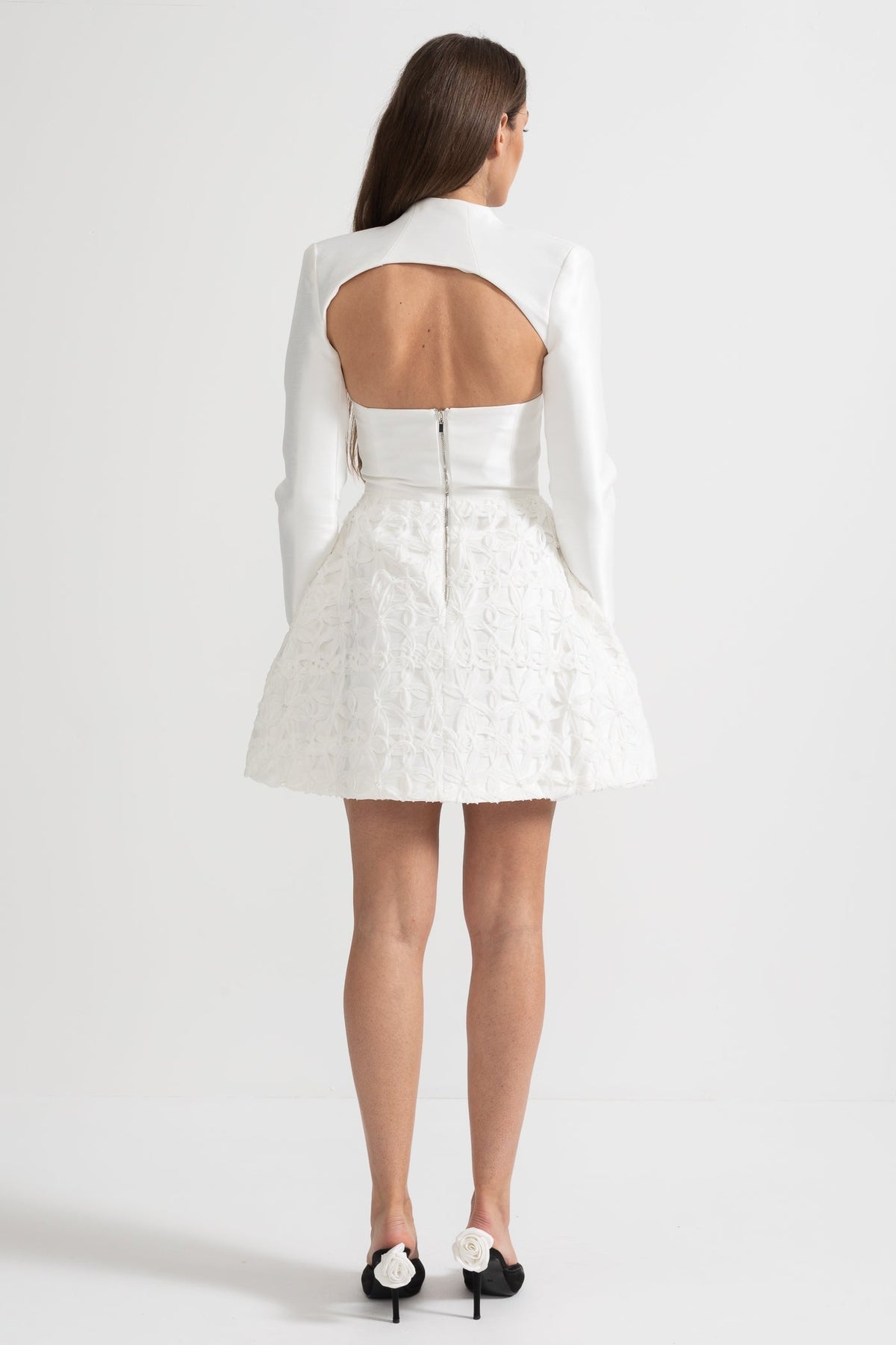 Cut Out Mock Neck Long Sleeve Textured Floral A Line Mini Dress - View 3