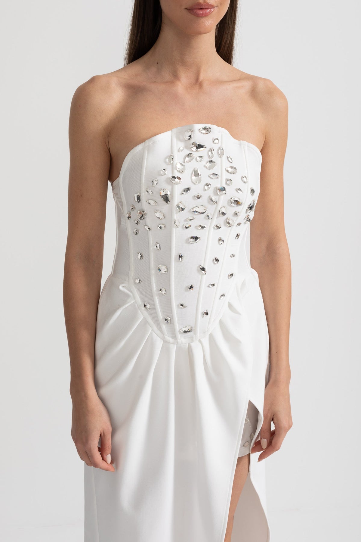 Strapless Corset Rhinestone Draped Wrap High Split Maxi Gown - View 6