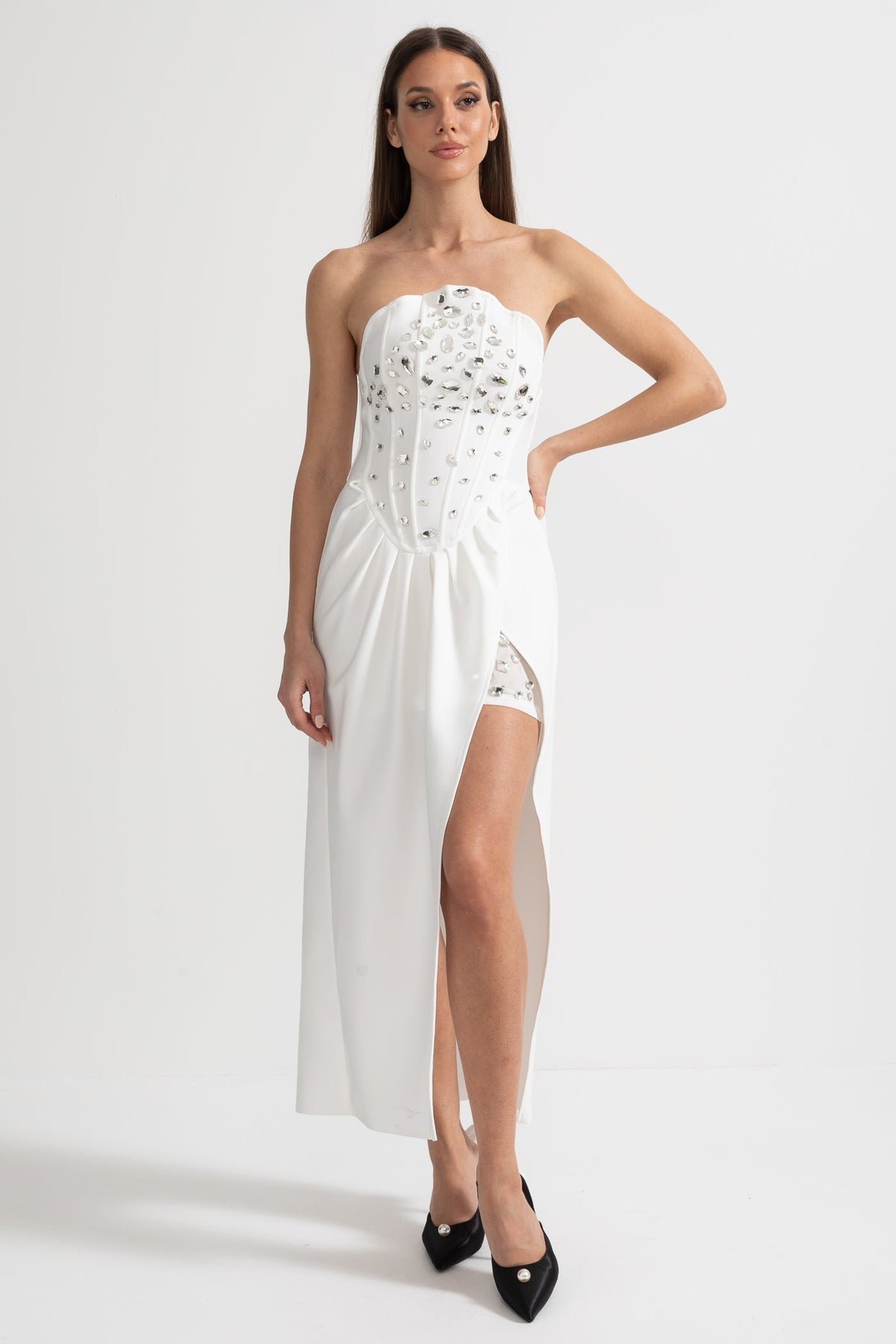 Strapless Corset Rhinestone Draped Wrap High Split Maxi Gown - View 3