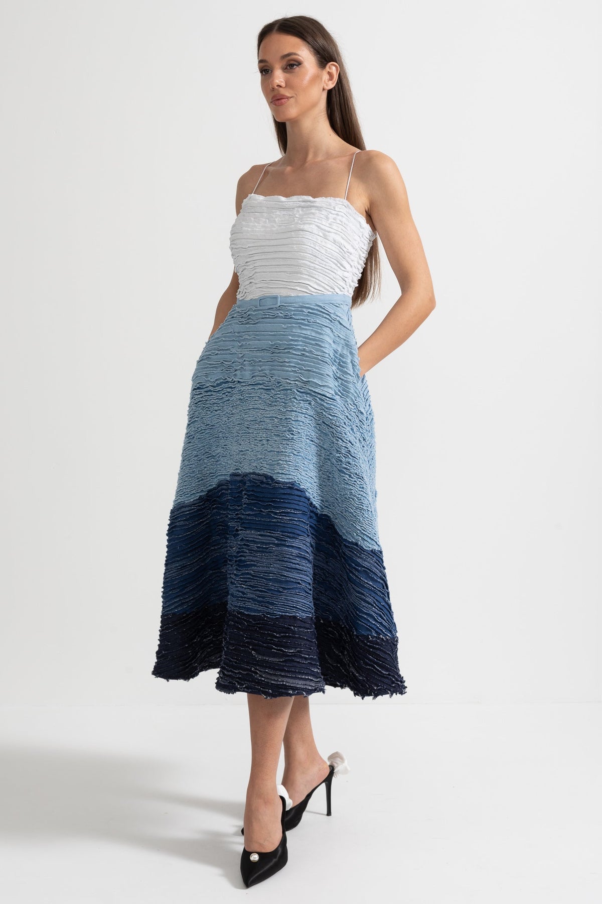 Spaghetti Strap Tiered Frayed Ruffle Belted Midi Dress - View 3