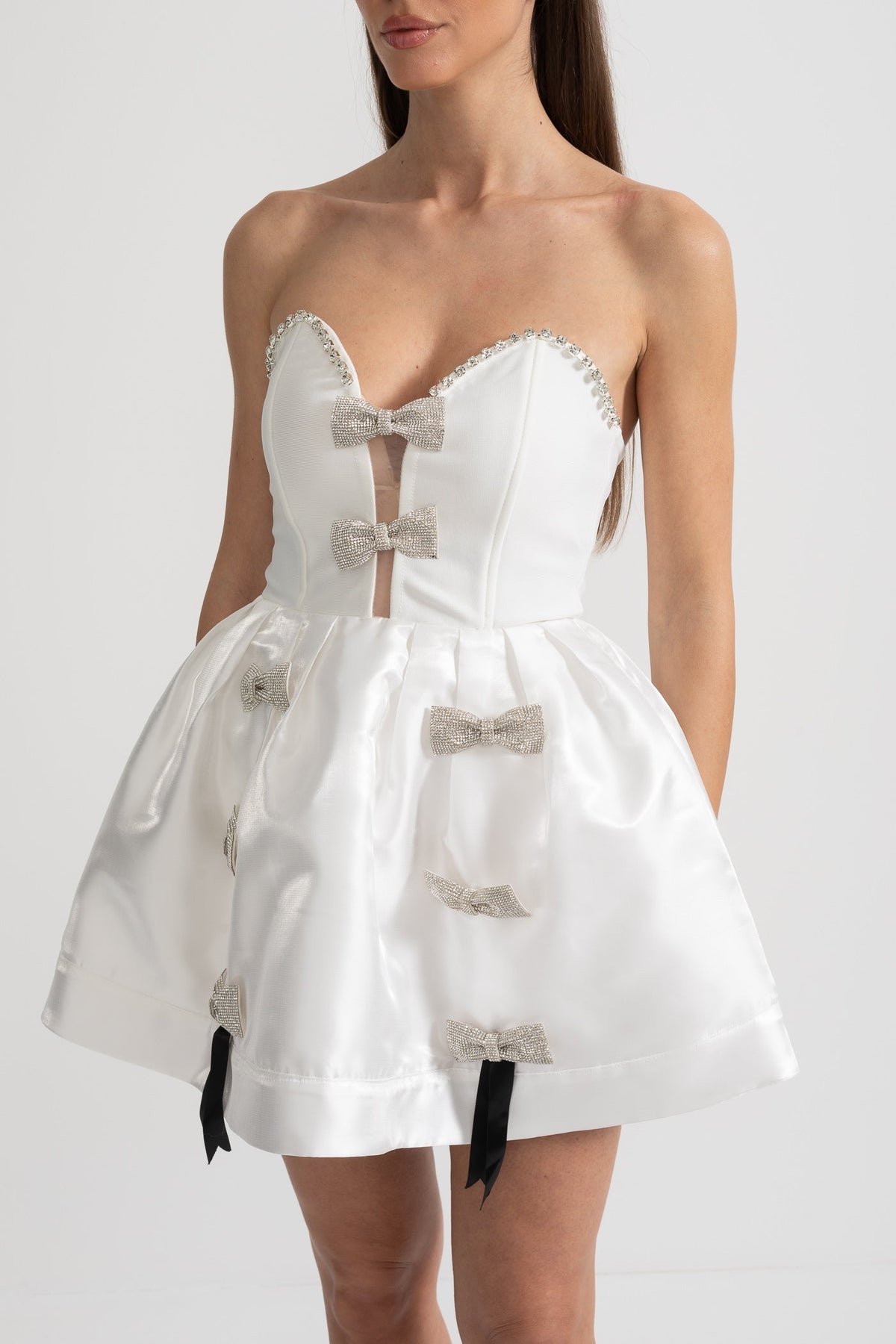 Strapless Mini Dress with Crystal Bow Embellishments - White - View 11