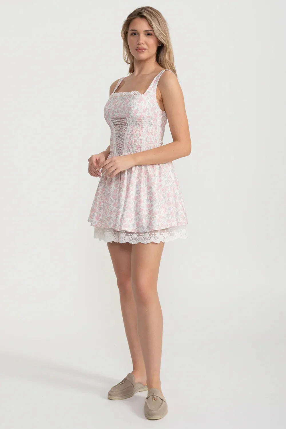 Floral Print Square Neck Lace Up Corset Lace Trim Mini Dress - View 3