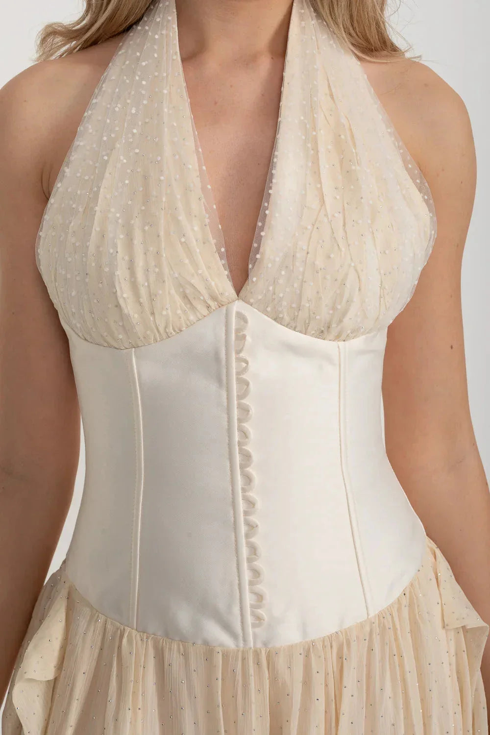 Halter Neck Plunge Corset Glitter Tulle Maxi Gown 3