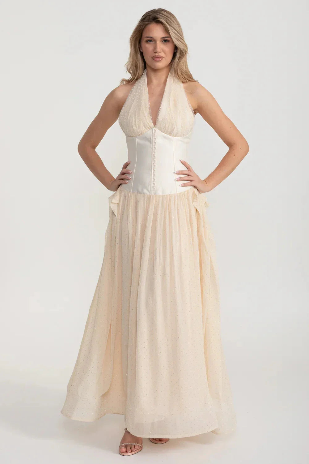Halter Neck Plunge Corset Glitter Tulle Maxi Gown 2