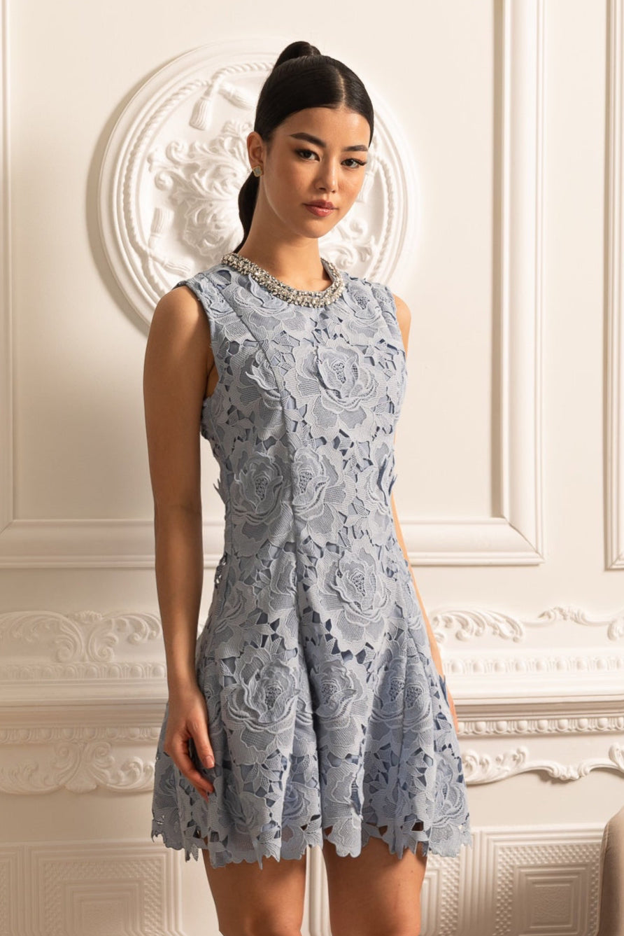 Floral Pattern Lace Mini Dress With Sparkling Neckline - Blue
