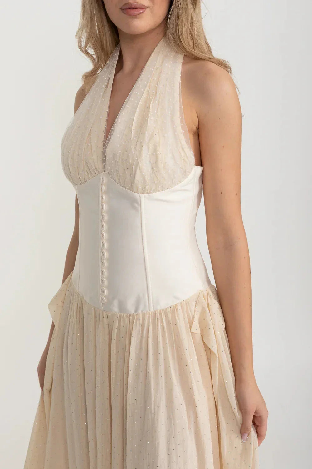Halter Neck Plunge Corset Glitter Tulle Maxi Gown 8