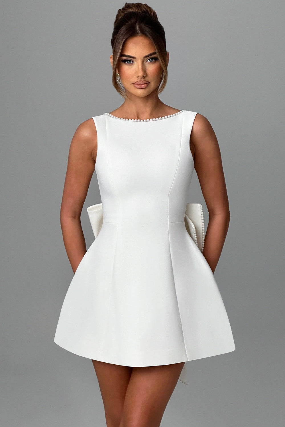 Cecila Bowknot Pearl Backless Mini Dress in White - View 2