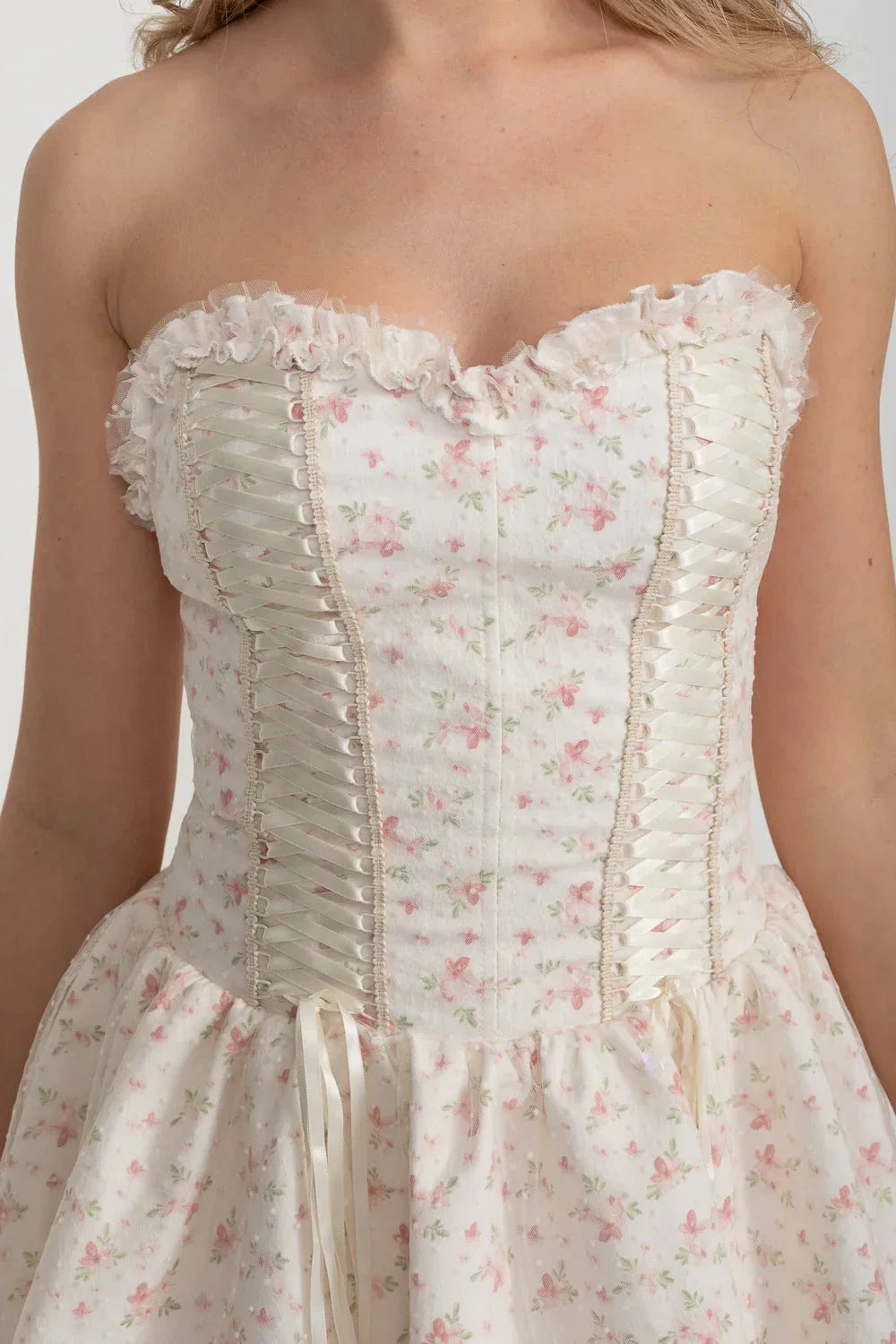 Corset Mini Dress With Sweetheart Neckline And Delicate Floral Pattern - White/Pink - View 3
