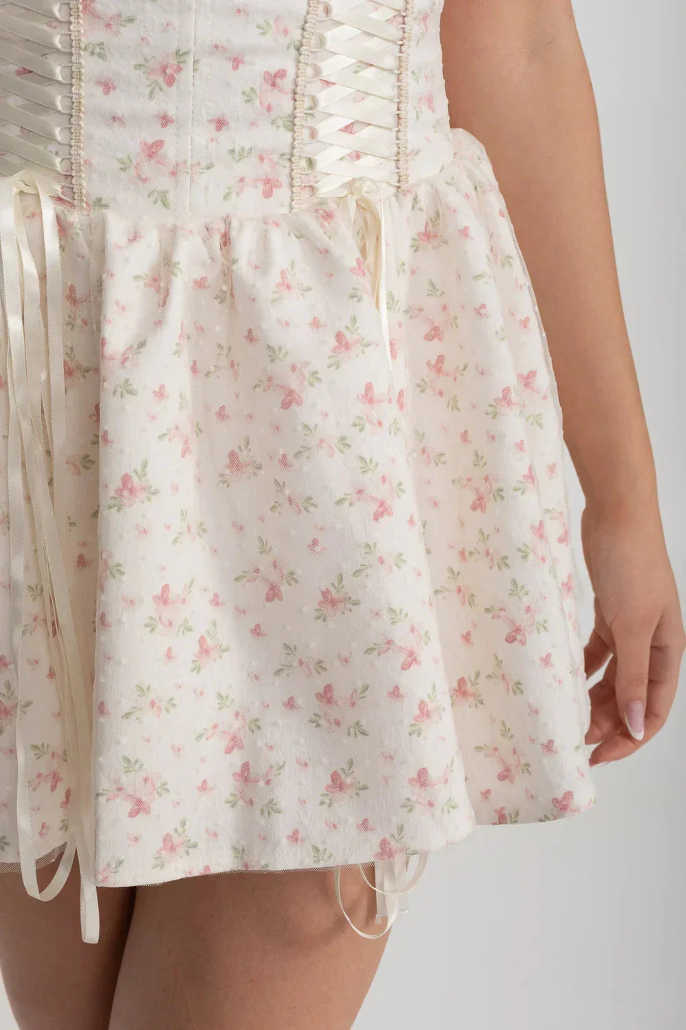 Corset Mini Dress With Sweetheart Neckline And Delicate Floral Pattern - White/Pink - View 4