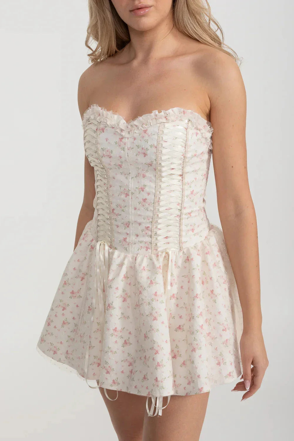 Corset Mini Dress With Sweetheart Neckline And Delicate Floral Pattern - White/Pink - View 6