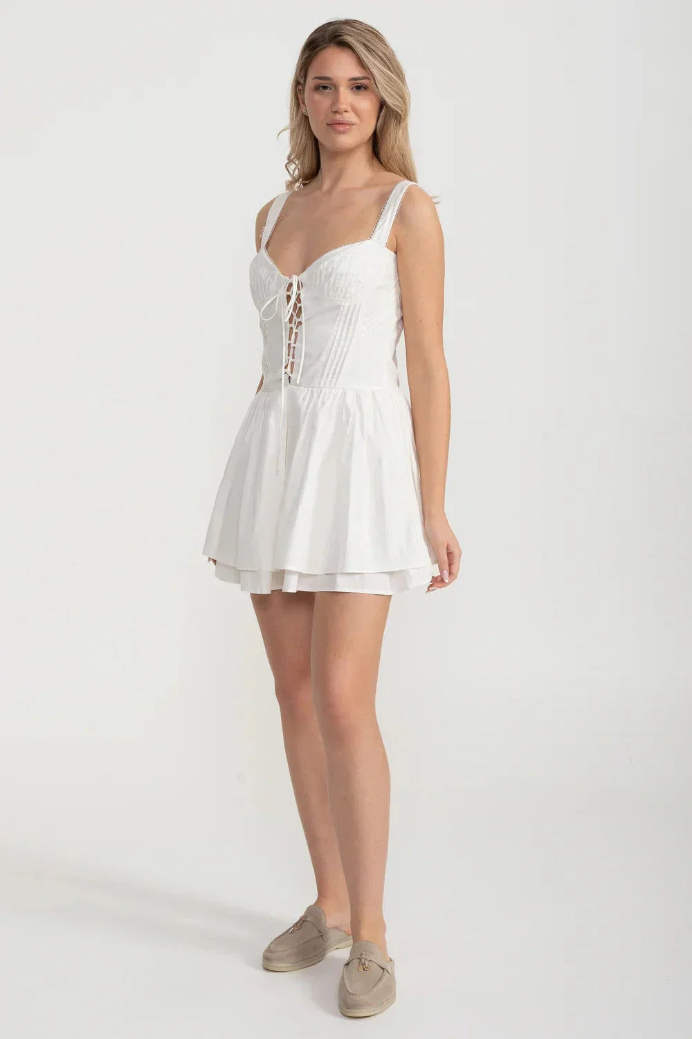 Corset Style Sleeveless Dress With Lace-Up Front Detailing - White - View 4