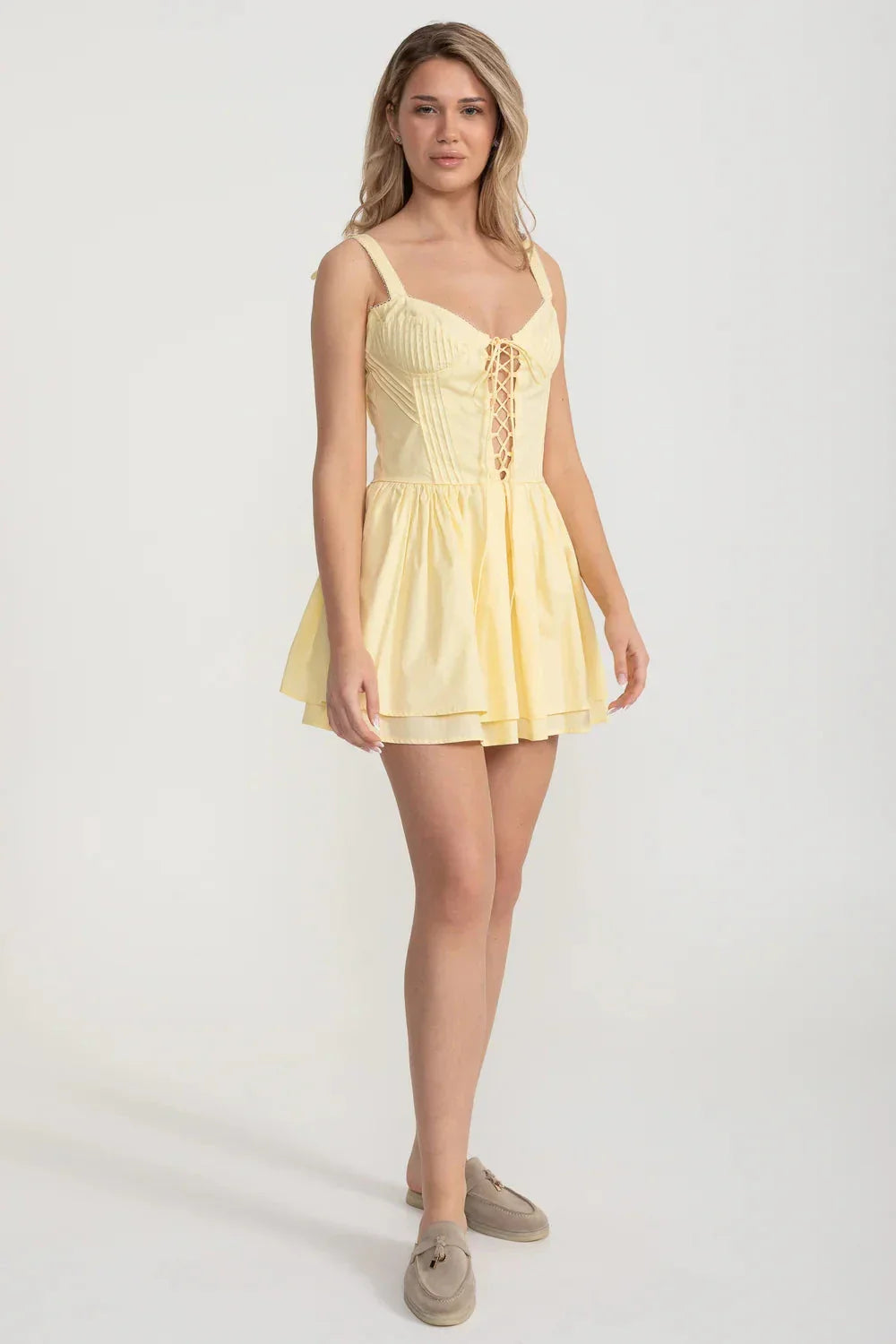 Corset Style Sleeveless Dress With Lace-Up Front Detailing - Yellow - View 4