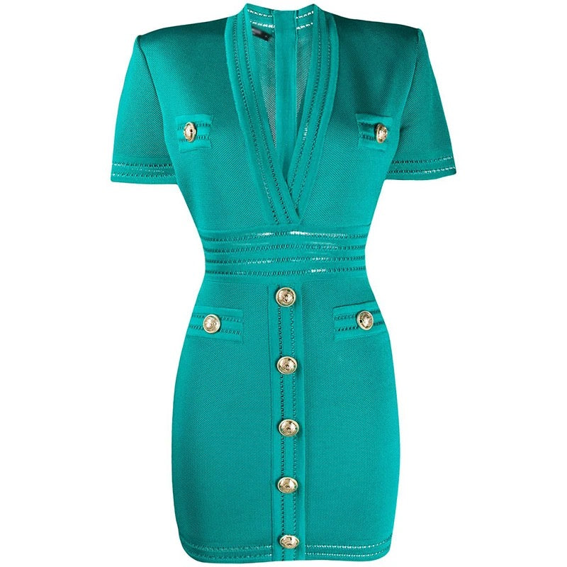 V-Neck Short Sleeve Button Front Knit Bodycon Mini Dress 7