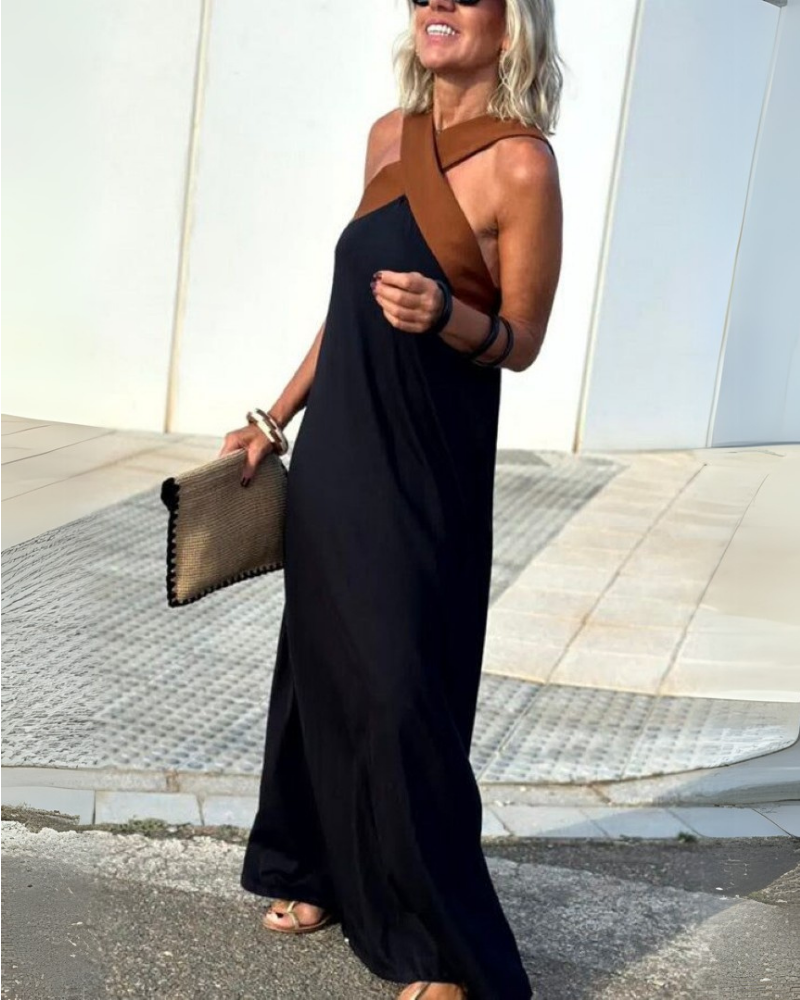 Cross Halter Neck Contrast Panel Sleeveless Draped Maxi Dress 4