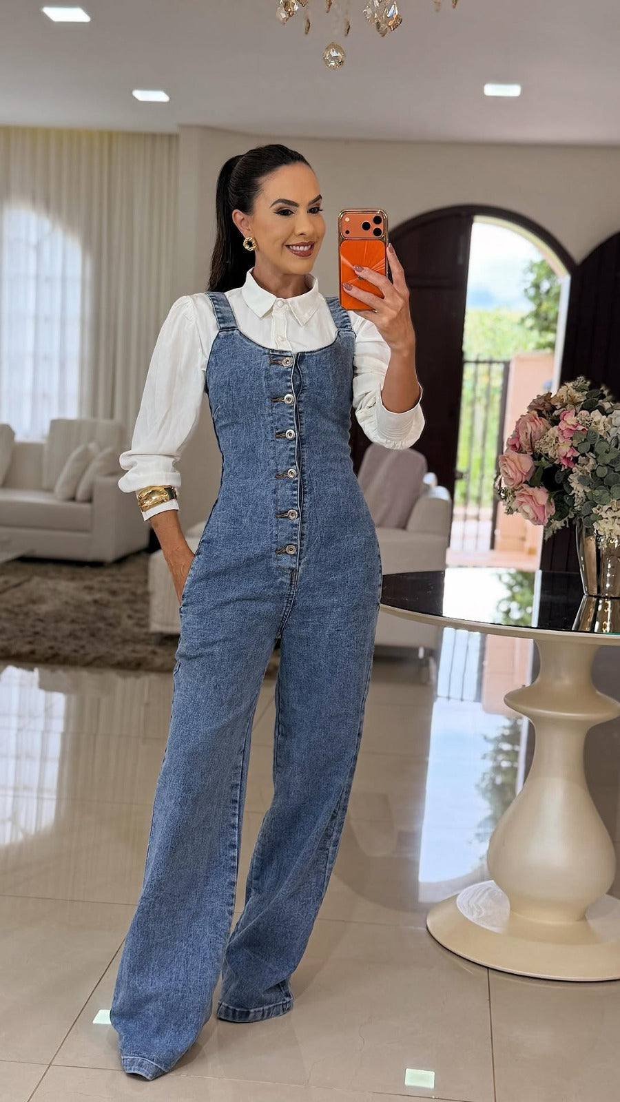 Square Neck Button Front Wide Leg Denim Jumpsuit 3