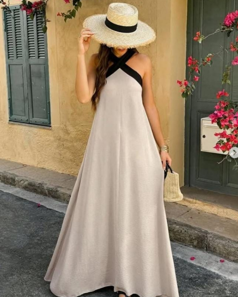 Cross Halter Neck Contrast Panel Sleeveless Draped Maxi Dress 8